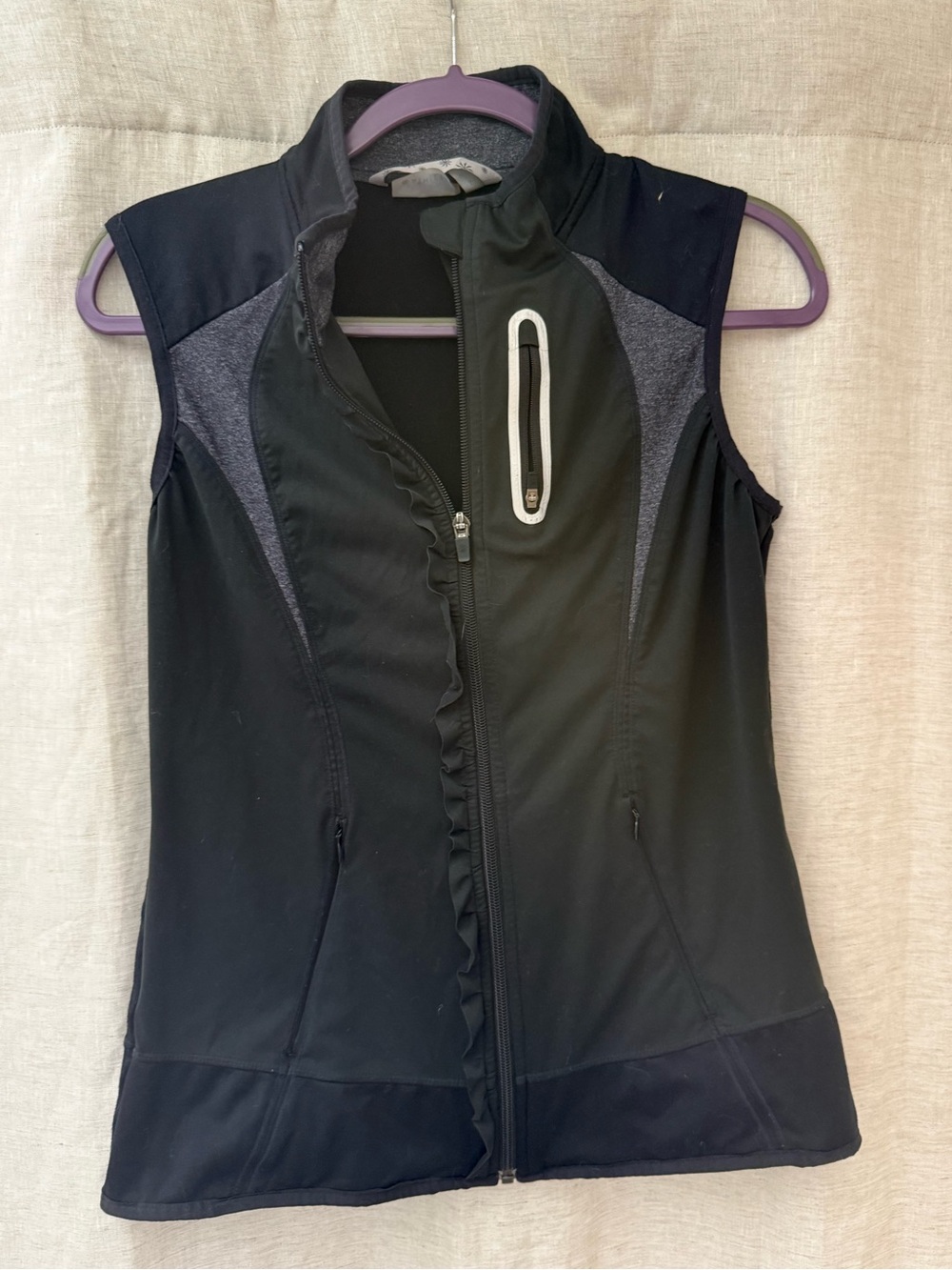 Athleta Prevail Black Sleeveless Athletic Full Zip Vest with Ruffle